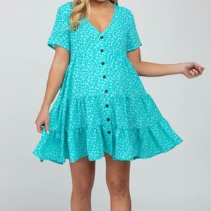 PinkBlush Ces Femme Turquoise Aqua Floral Maternity Button Dress, Size M